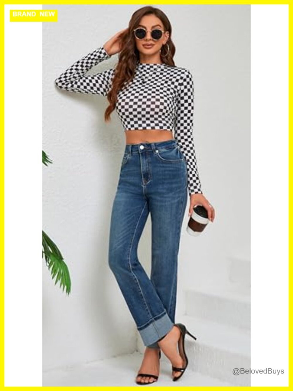 High Waisted Stretchy Straight Leg Jeans Tummy Control Cuffed Ankle Hem - Picture 6 of 6